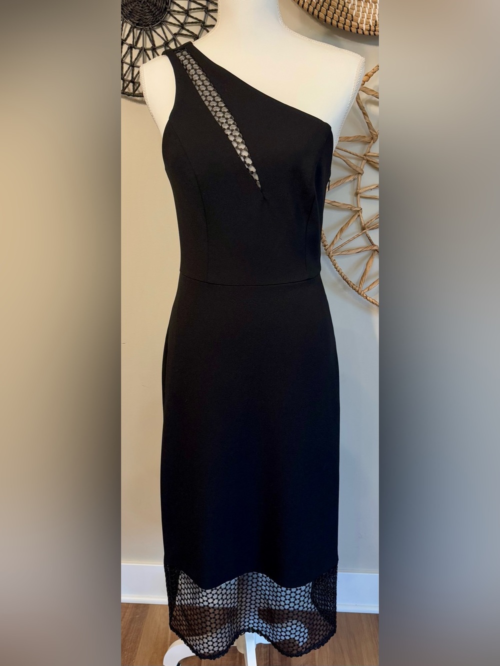 Adrianna Papell Black One-Shoulder Midi Dress with Mesh Sequin Insets Size 4